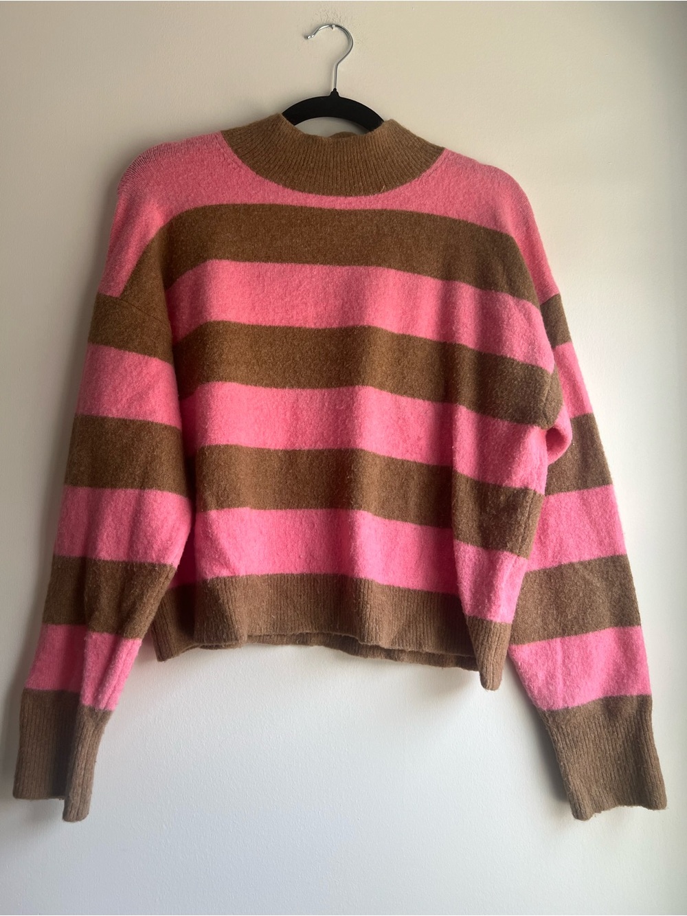 J. Crew Pink and Brown Striped Crewneck Sweater